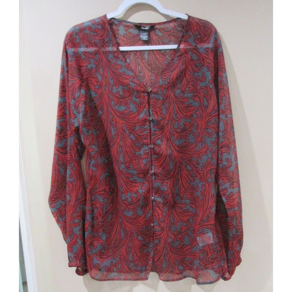 Y2K Rock47 Blouse Women Lg Red/Gray Lightweight Patterned